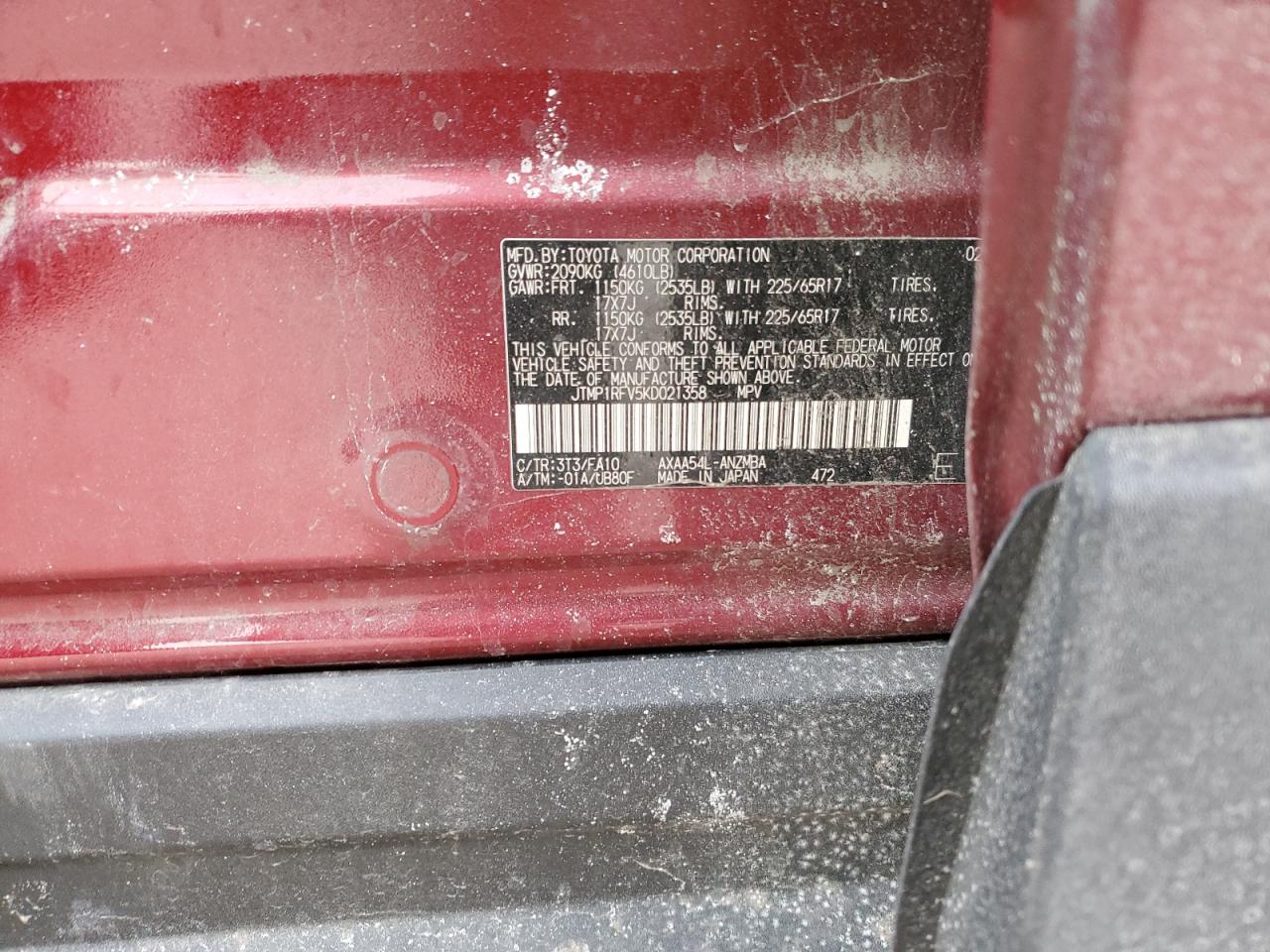 2019 Toyota RAV 4 VIN JTMP1RFV5KD021358 Copart auction photo, front end / undercarriage damage thumbnail 13