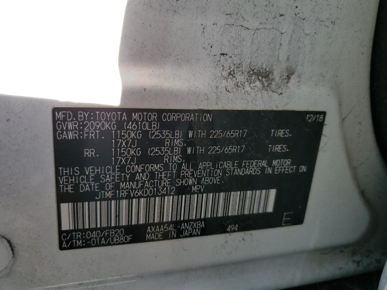2019 Toyota RAV 4 VIN JTMF1RFV6KD013412 Copart auction photo, front end / side damage thumbnail 14