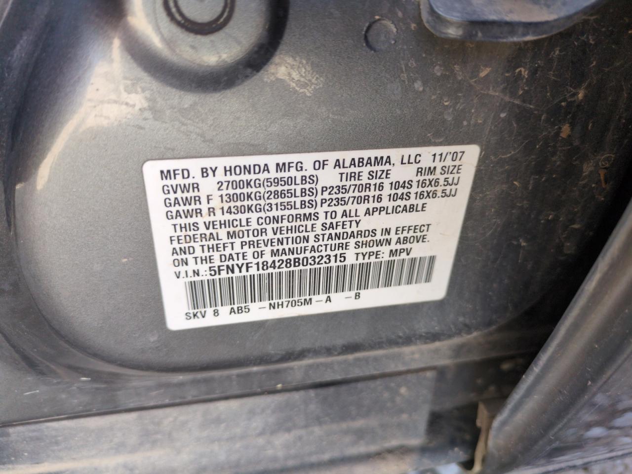 2008 Honda Pilot VIN 5FNYF18428B032315 Copart auction photo, rear end damage thumbnail 12
