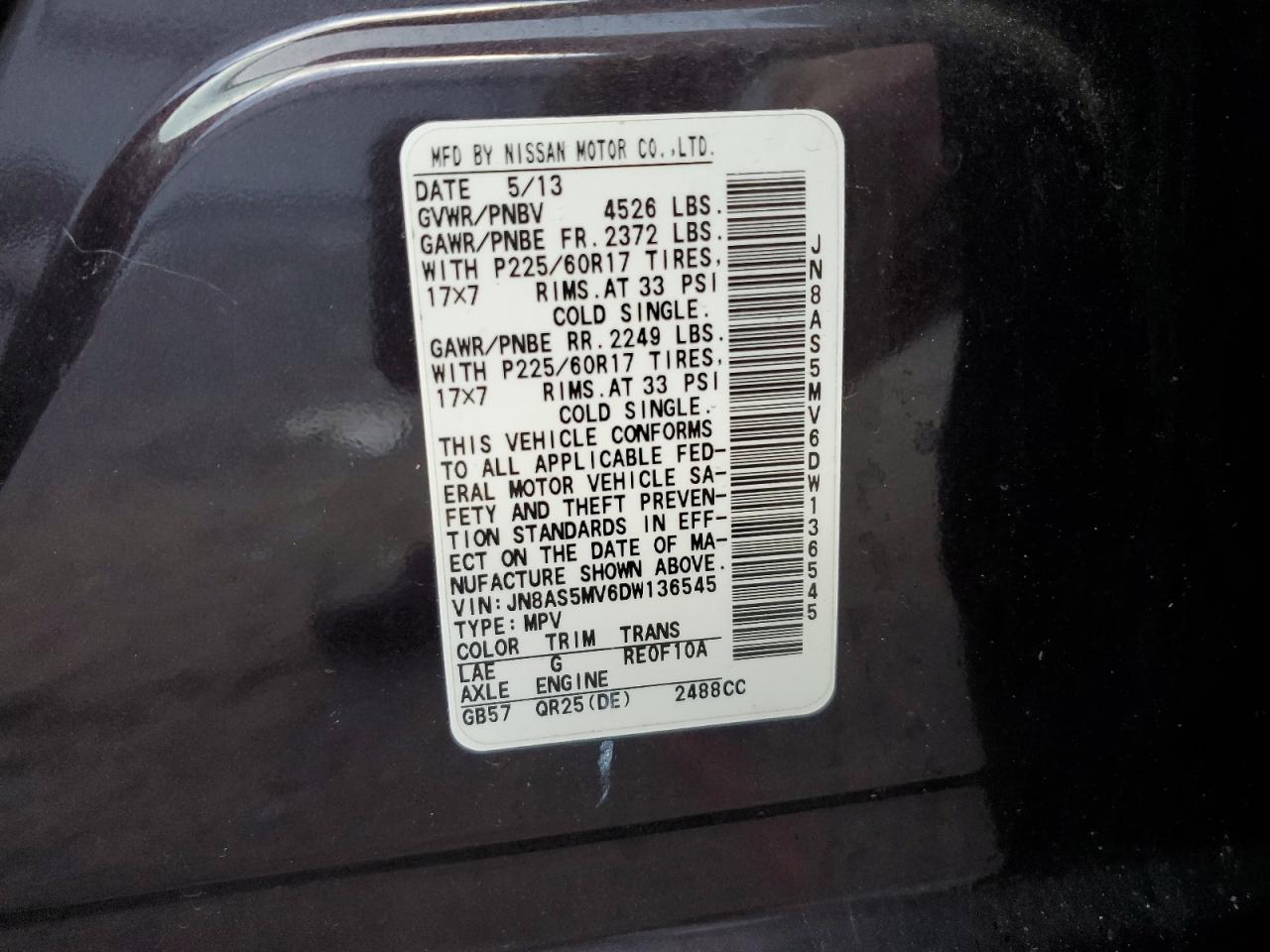 2013 Nissan Rogue VIN JN8AS5MV6DW136545 Copart auction photo, rear end damage thumbnail 13