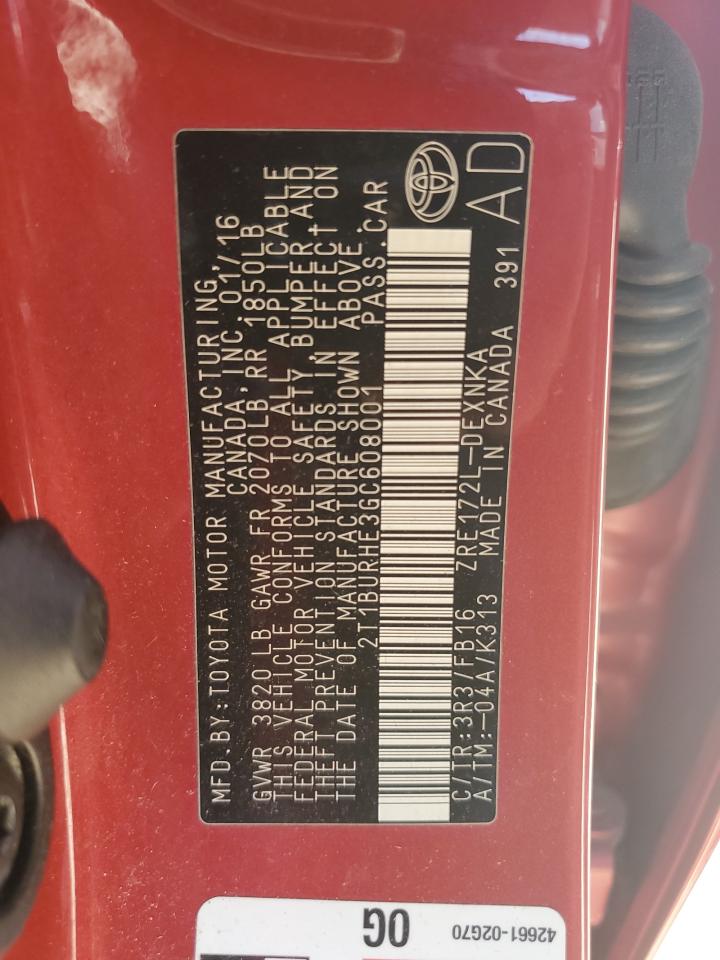2016 Toyota Corolla VIN 2T1BURHE3GC608001 Copart auction photo, rear end / front end damage thumbnail 14