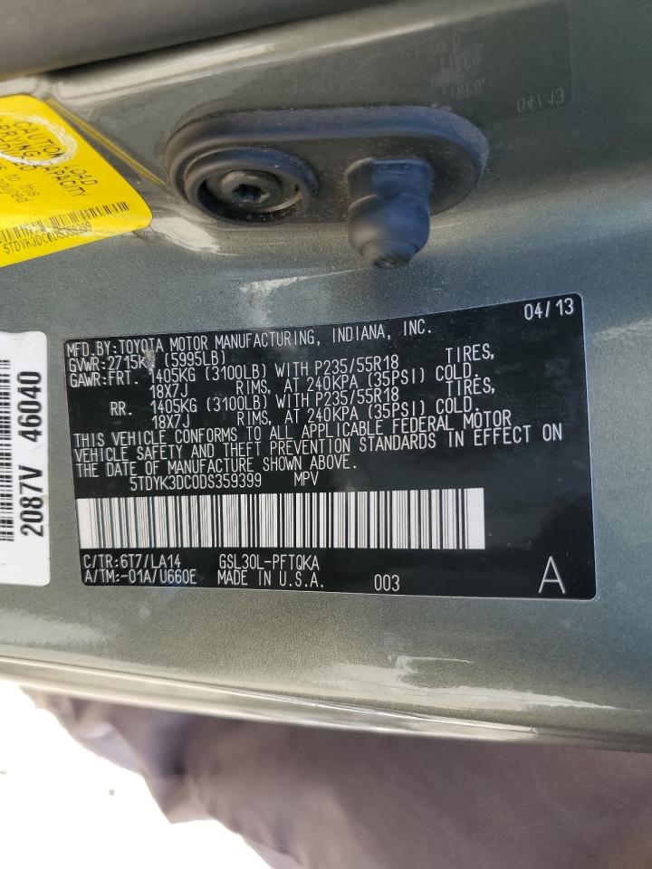 2013 Toyota Sienna VIN 5TDYK3DC0DS359399 Copart auction photo, front end / minor dent/scratches damage thumbnail 13