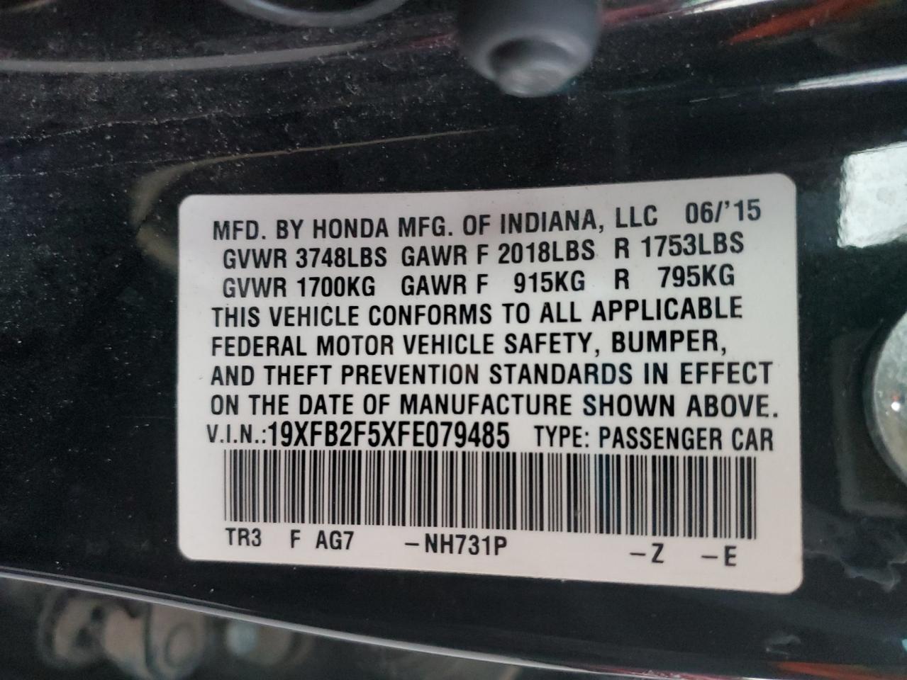 2015 Honda Civic VIN 19XFB2F5XFE079485 Copart auction photo, front end / hail damage thumbnail 12
