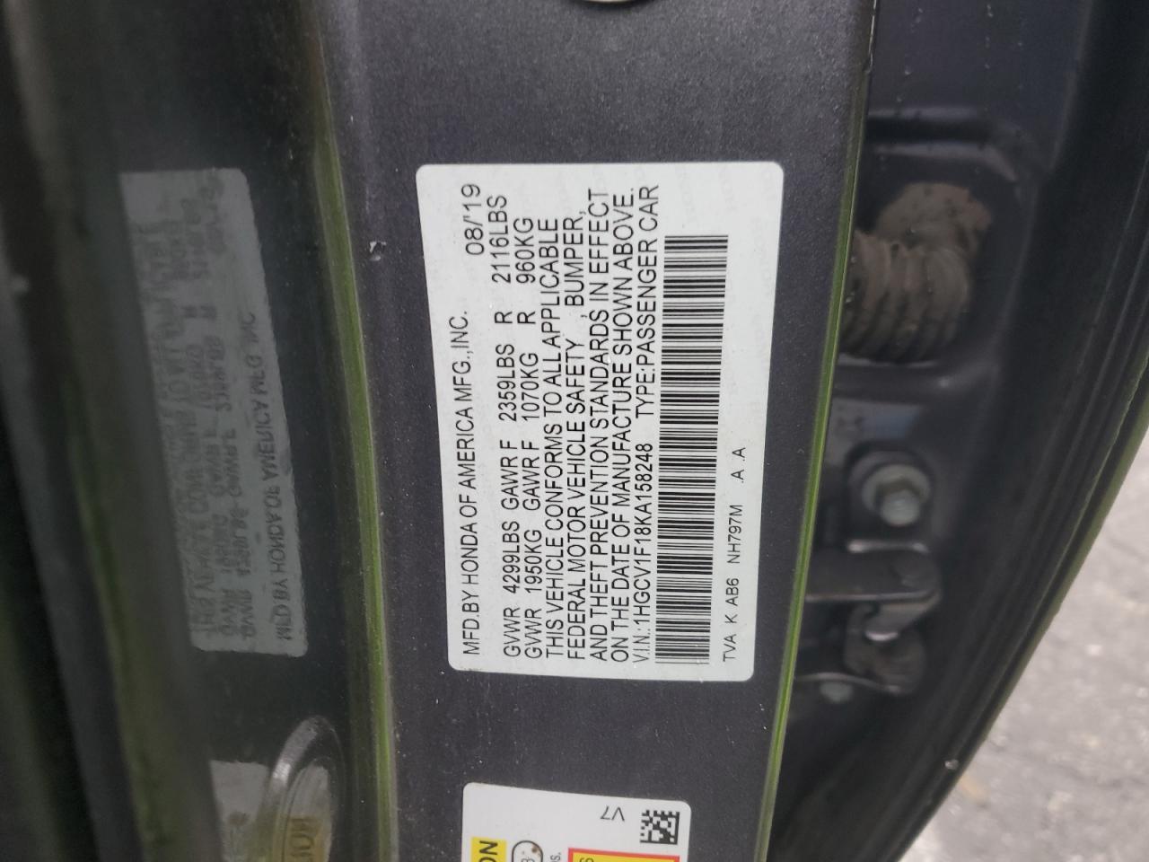 2019 Honda Accord VIN 1HGCV1F18KA158248 Copart auction photo, rollover / minor dent/scratches damage thumbnail 13
