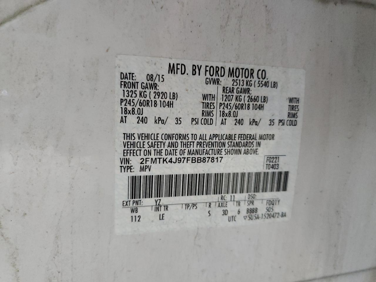 2015 Ford Edge VIN 2FMTK4J97FBB87817 Copart auction photo, front end / minor dent/scratches damage thumbnail 15