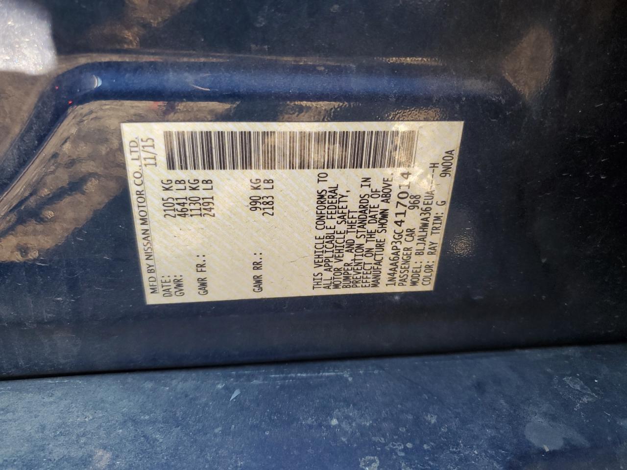 2016 Nissan Maxima VIN 1N4AA6AP3GC417014 Copart auction photo, side damage thumbnail 12