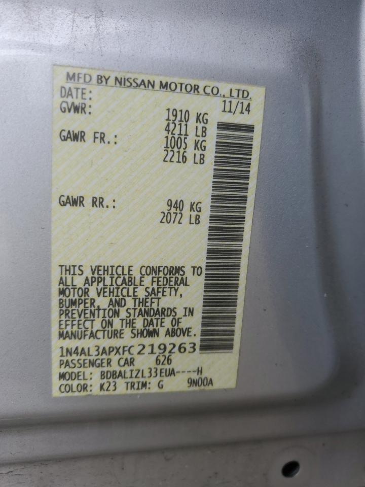 2015 Nissan Altima VIN 1N4AL3APXFC219263 Copart auction photo, front end / side damage thumbnail 13