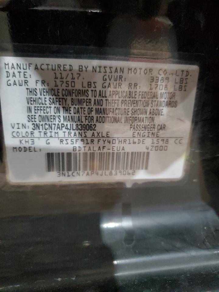 2018 Nissan Versa VIN 3N1CN7AP4JL839062 Copart auction photo, front end / side damage thumbnail 13