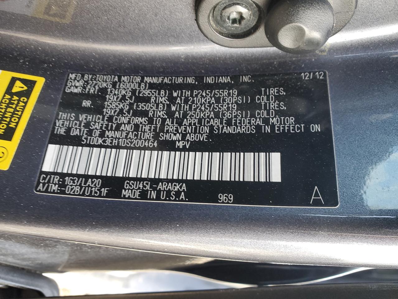 2013 Toyota Highlander VIN 5TDDK3EH1DS200464 Copart auction photo, front end / side damage thumbnail 14
