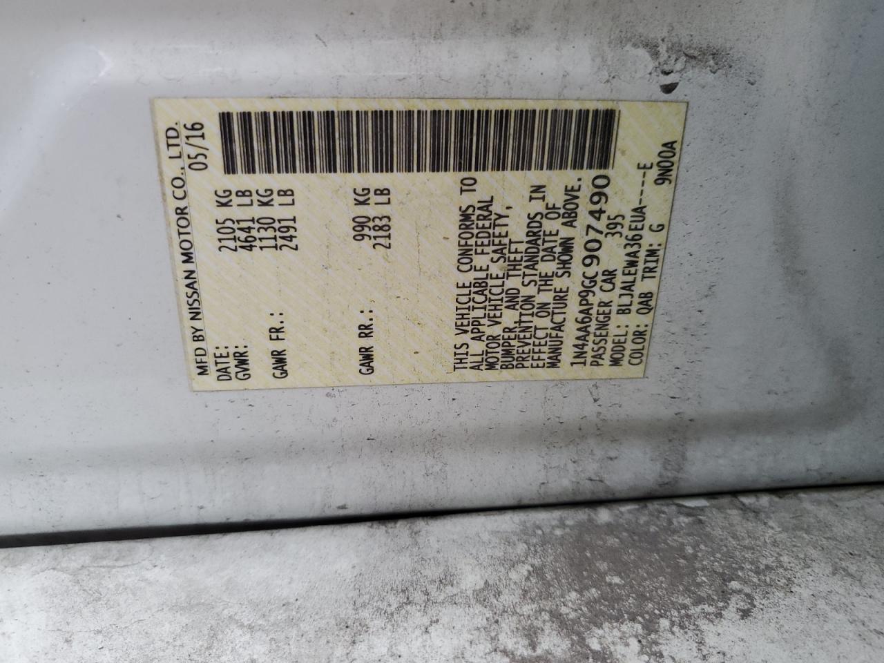 2016 Nissan Maxima VIN 1N4AA6AP9GC907490 Copart auction photo, all over / undercarriage damage thumbnail 12