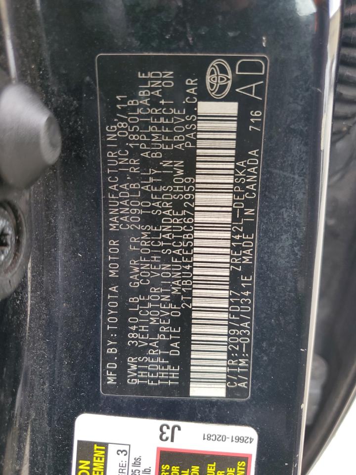 2011 Toyota Corolla VIN 2T1BU4EE5BC672959 Copart auction photo, rear end / minor dent/scratches damage thumbnail 12