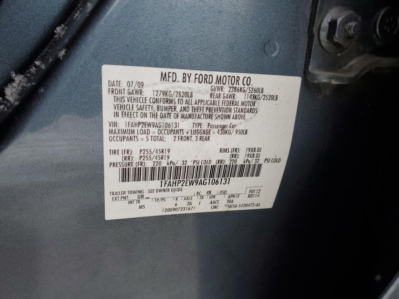 2010 Ford Taurus VIN 1FAHP2EW9AG106131 Copart auction photo, rear end damage thumbnail 12