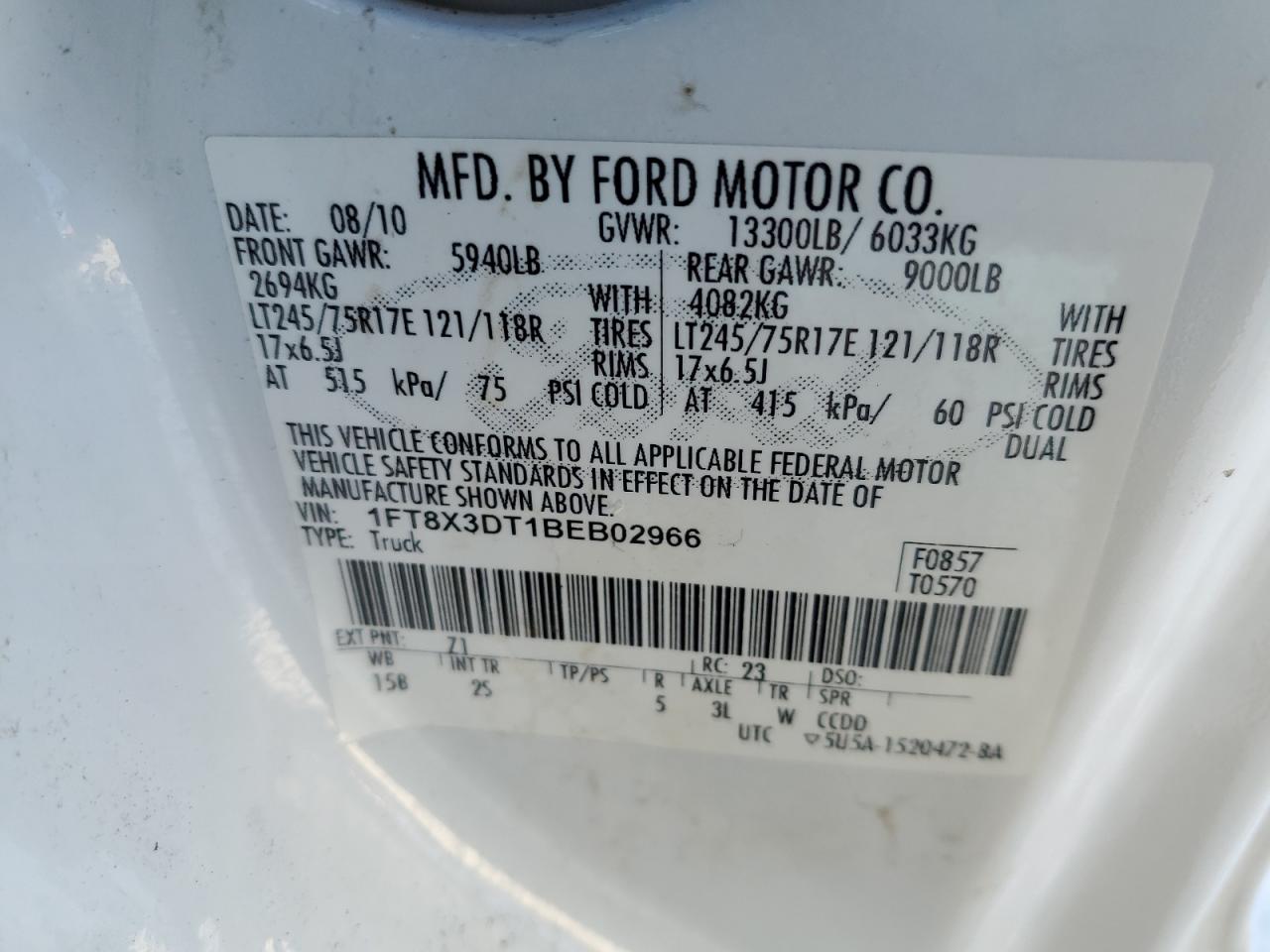 2011 Ford F350 VIN 1FT8X3DT1BEB02966 Copart auction photo, all over / top/roof damage thumbnail 15