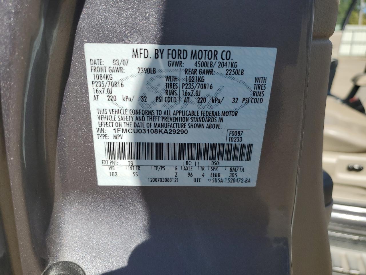 2008 Ford Escape VIN 1FMCU03108KA29290 Copart auction photo, front end damage thumbnail 15