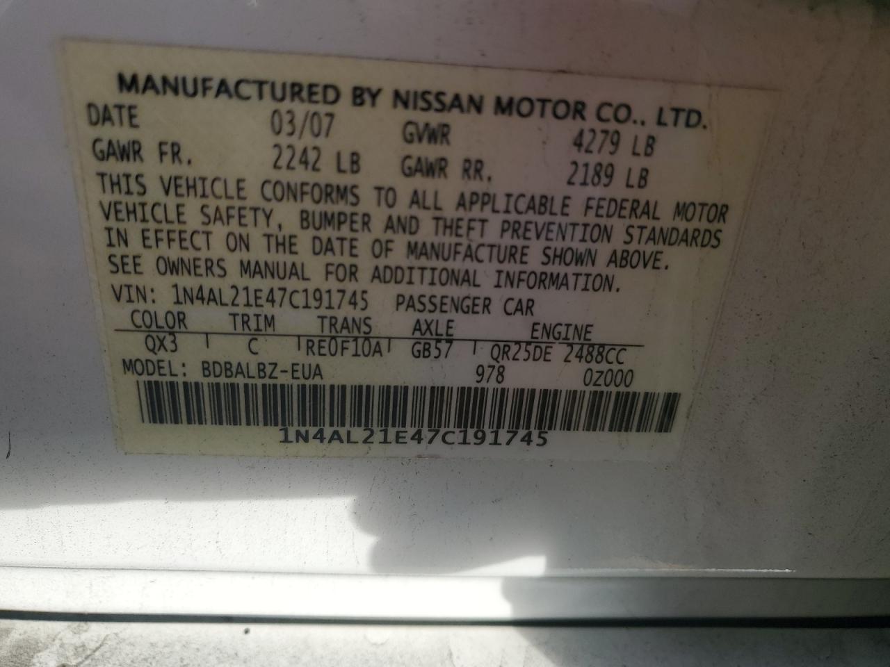 2007 Nissan Altima VIN 1N4AL21E47C191745 Copart auction photo, front end / minor dent/scratches damage thumbnail 14