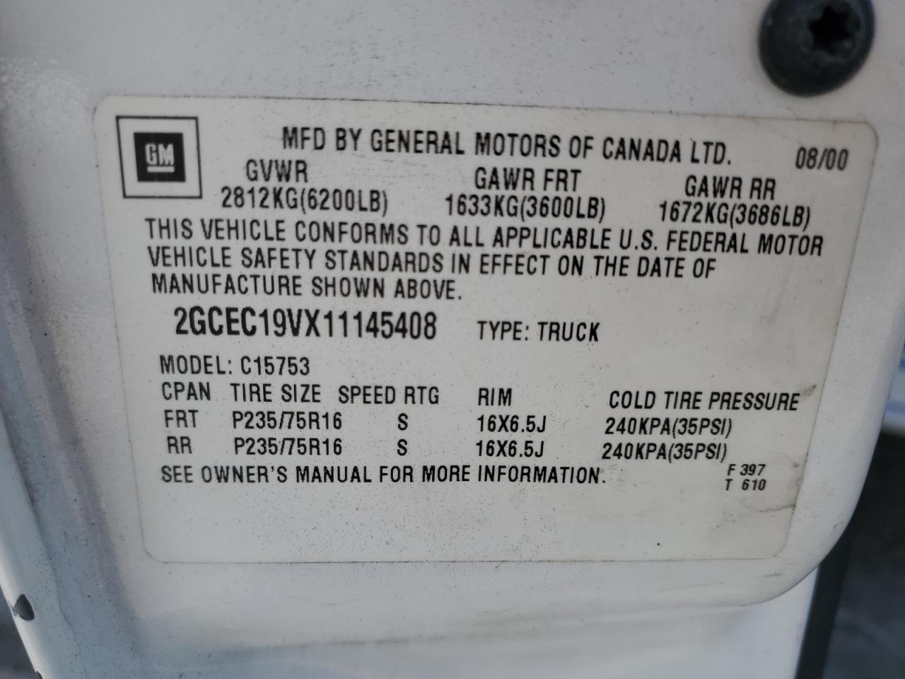 2001 Chevrolet Silverado VIN 2GCEC19VX11145408 Copart auction photo, all over damage thumbnail 12