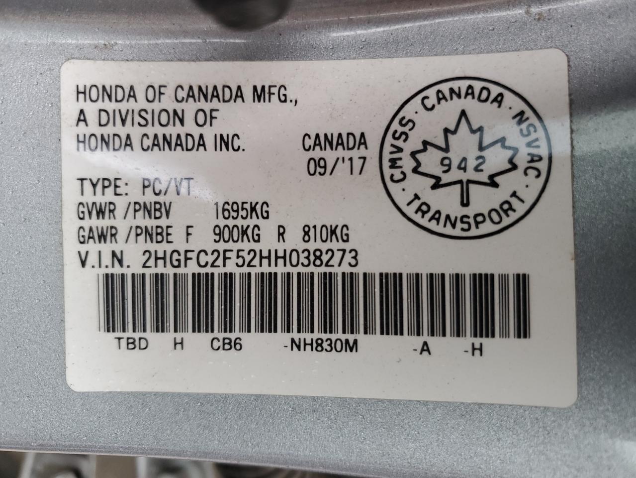 2017 Honda Civic VIN 2HGFC2F52HH038273 Copart auction photo, front end / side damage thumbnail 12