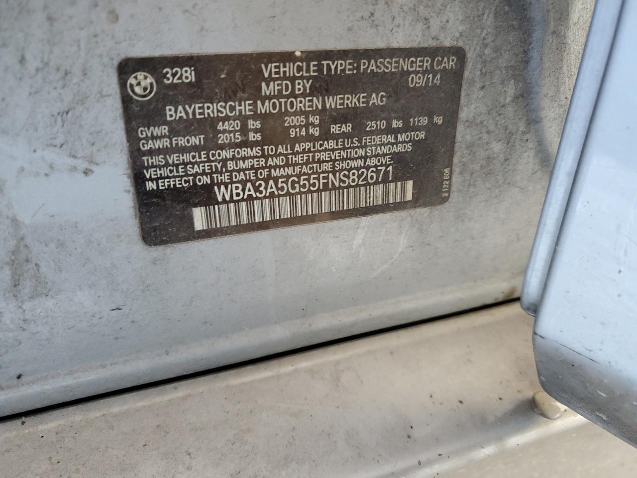 2015 BMW 3er VIN WBA3A5G55FNS82671 Copart auction photo, front end / side damage thumbnail 12