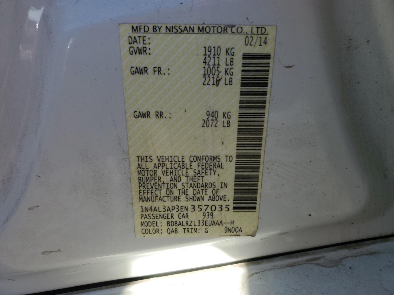 2014 Nissan Altima VIN 1N4AL3AP3EN357035 Copart auction photo, front end / minor dent/scratches damage thumbnail 13