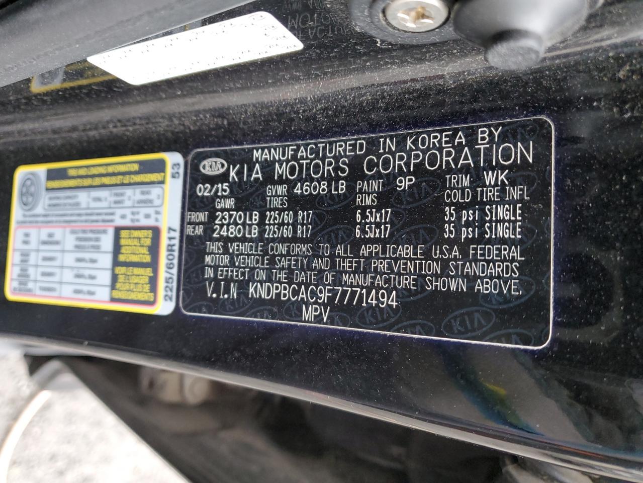 2015 KIA Sportage VIN KNDPBCAC9F7771494 Copart auction photo, front end / side damage thumbnail 15