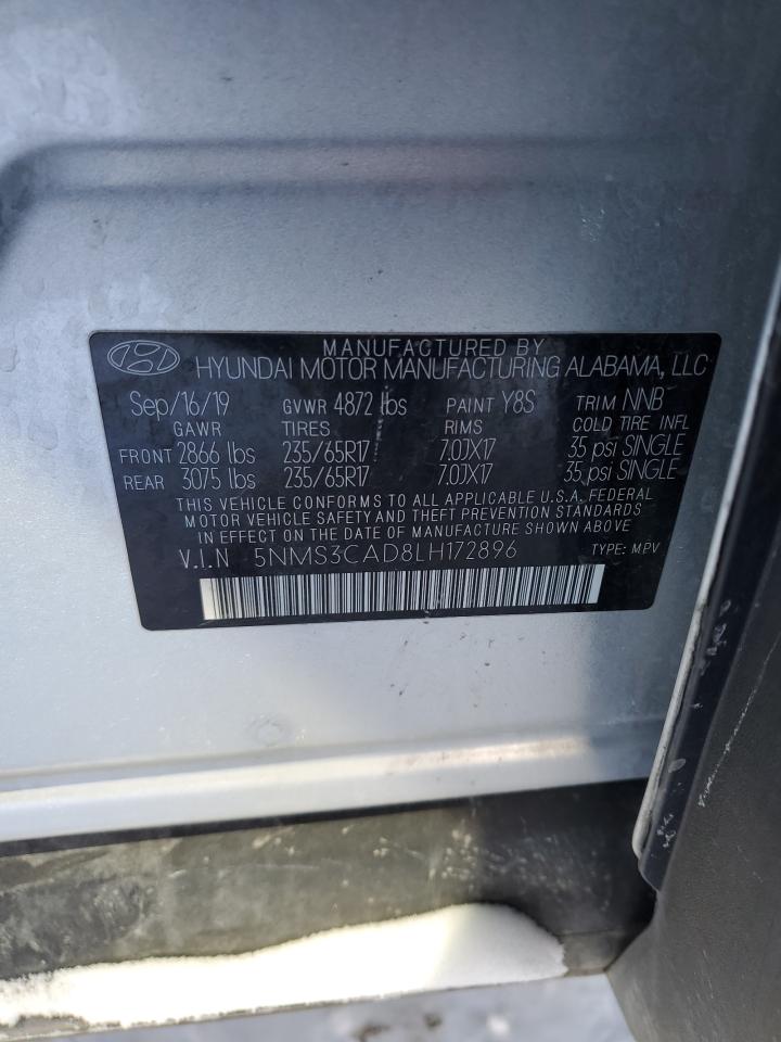 2020 Hyundai Santa Fe VIN 5NMS3CAD8LH172896 Copart auction photo, front end / side damage thumbnail 13