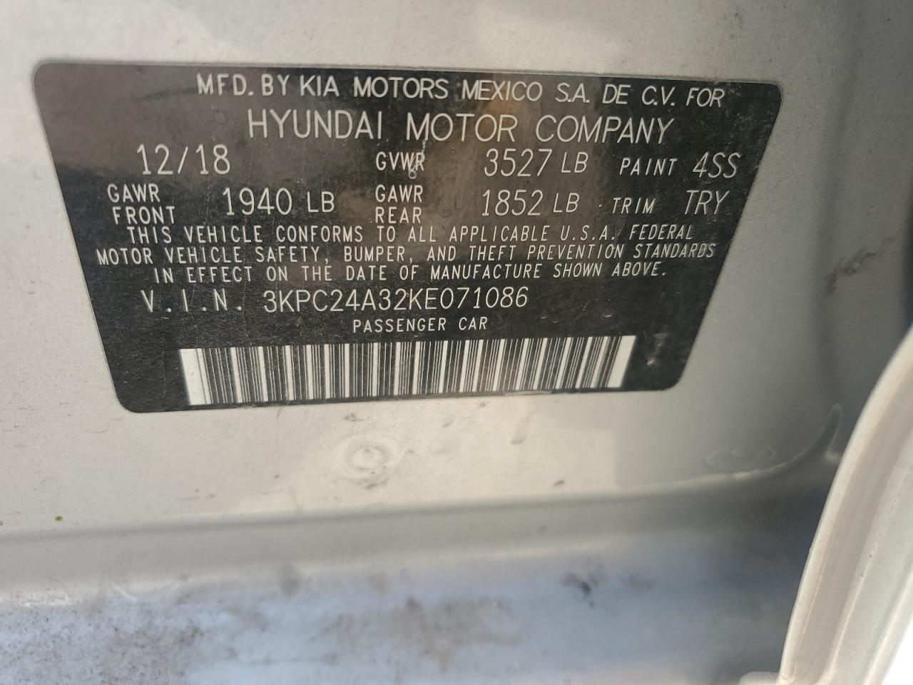 2019 Hyundai Accent VIN 3KPC24A32KE071086 Copart auction photo, front end damage thumbnail 14