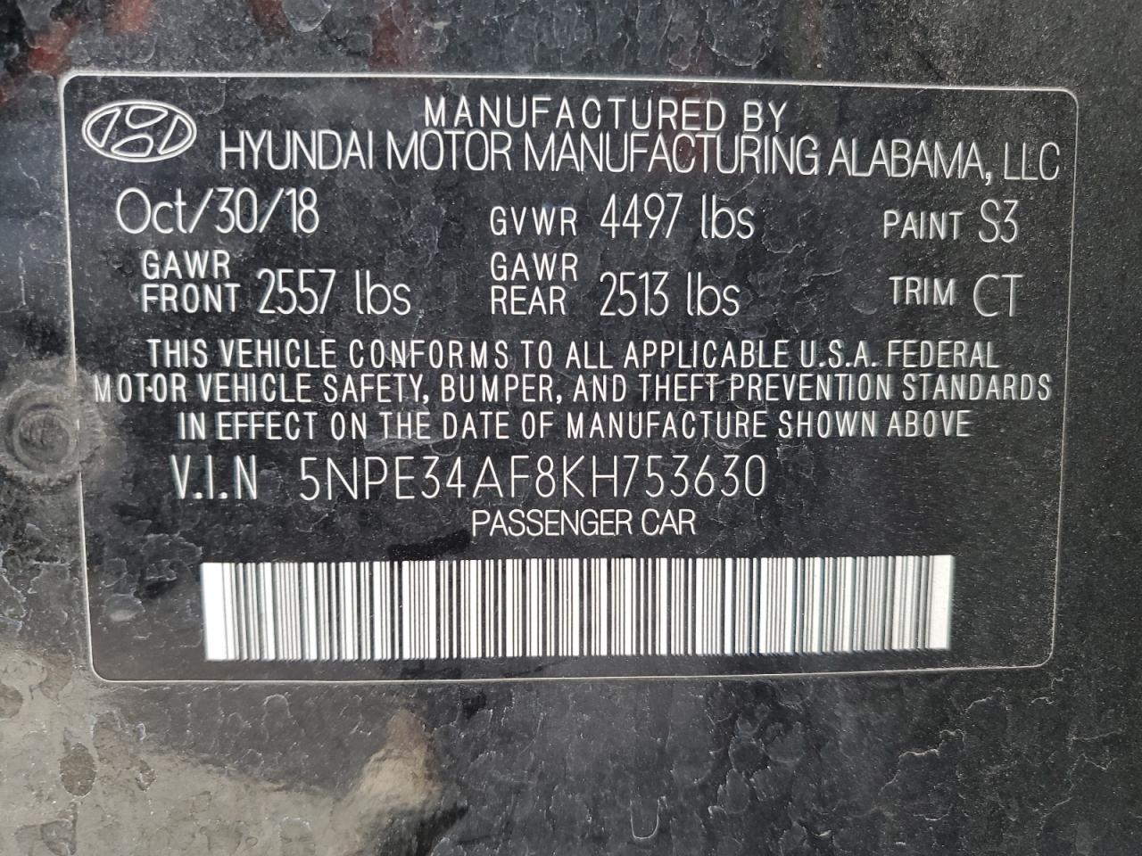 2019 Hyundai Sonata VIN 5NPE34AF8KH753630 Copart auction photo, front end / side damage thumbnail 12