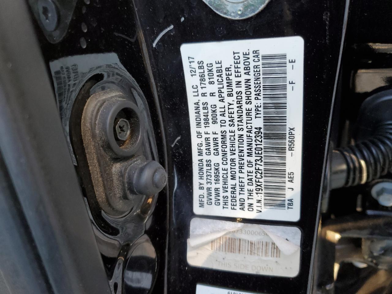 2018 Honda Civic VIN 19XFC2F73JE012394 Copart auction photo, rear end / front end damage thumbnail 13