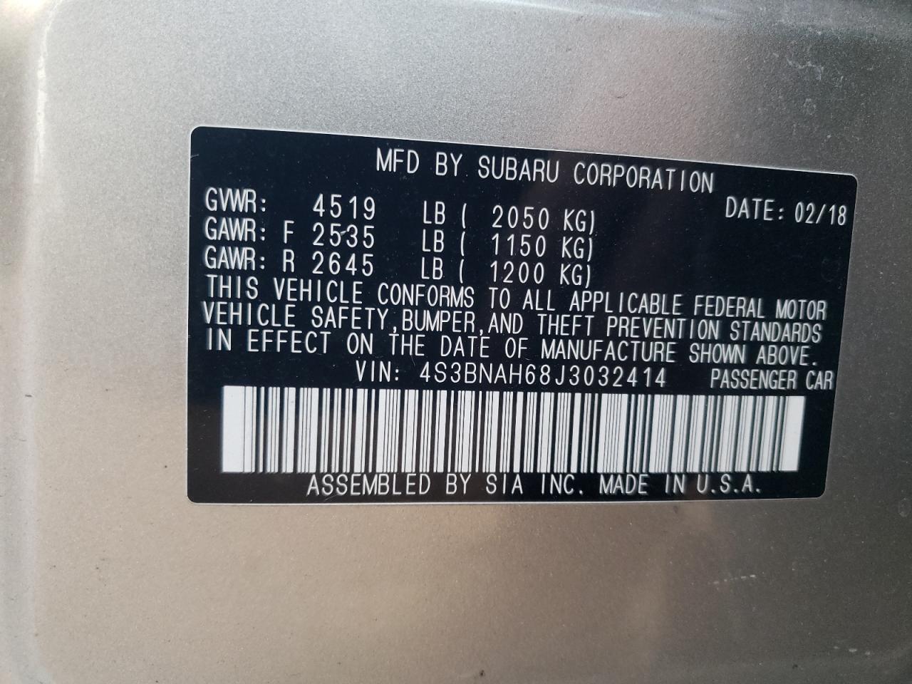 2018 Subaru Legacy VIN 4S3BNAH68J3032414 Copart auction photo, side damage thumbnail 12