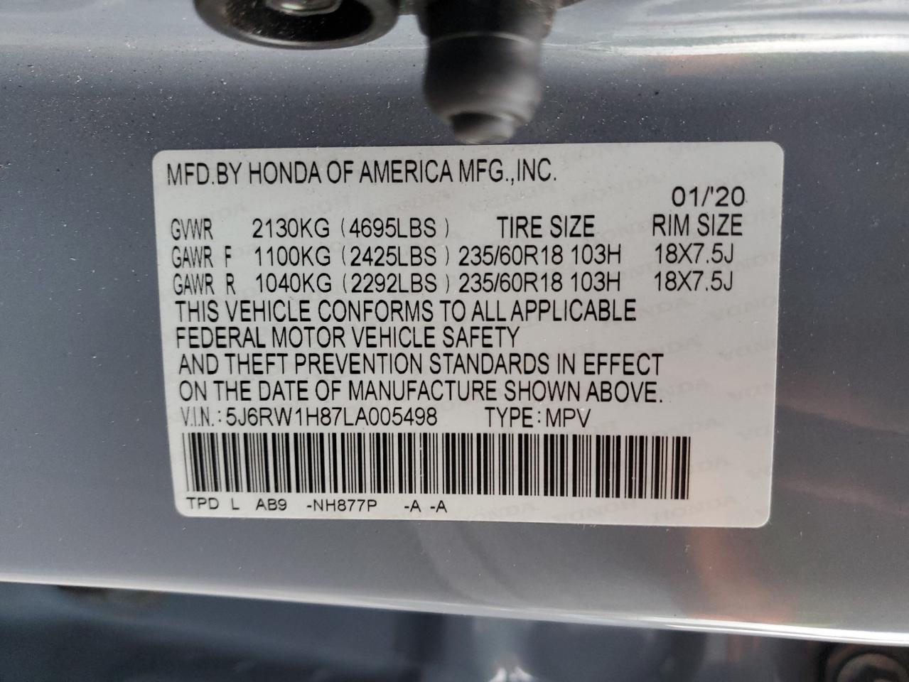 2020 Honda CR-V VIN 5J6RW1H87LA005498 Copart auction photo, rear end damage thumbnail 15