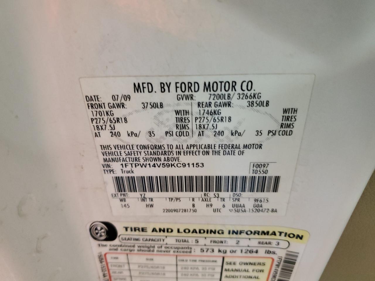 2009 Ford F-150 VIN 1FTPW14V59KC91153 Copart auction photo, rear end / side damage thumbnail 12