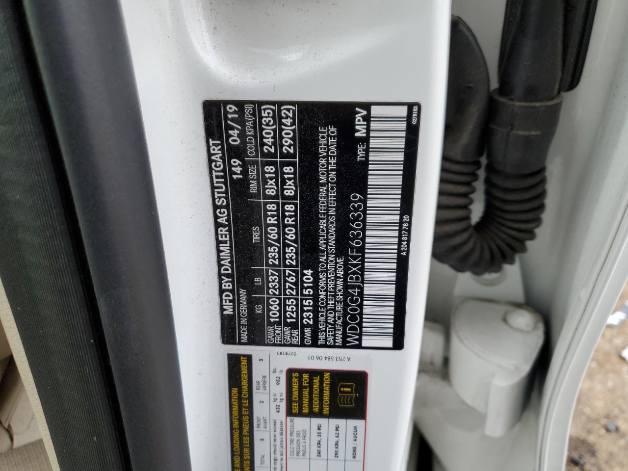 2019 Mercedes-Benz GLC VIN WDC0G4JBXKF636339 Copart auction photo, front end / undercarriage damage thumbnail 15