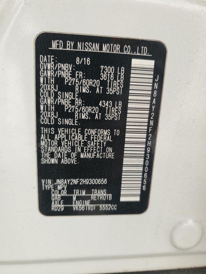 2017 Nissan Armada VIN JN8AY2NF2H9300656 Copart auction photo, water/flood / side damage thumbnail 14