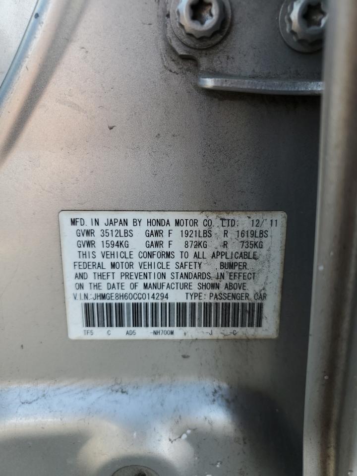 2012 Honda Fit VIN JHMGE8H60CC014294 Copart auction photo, front end damage thumbnail 14