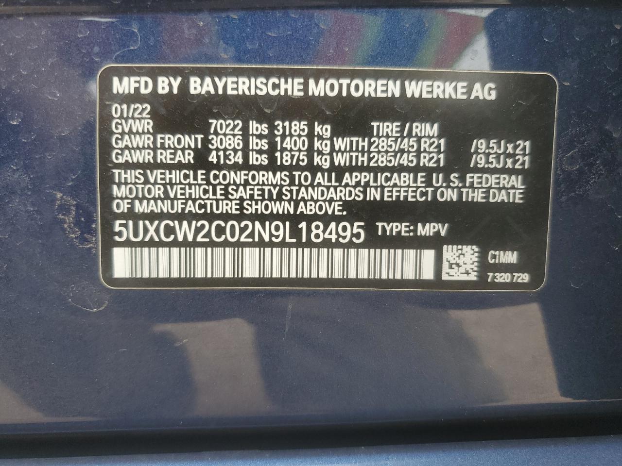 2022 BMW X7 VIN 5UXCW2C02N9L18495 Copart auction photo, front end / minor dent/scratches damage thumbnail 13