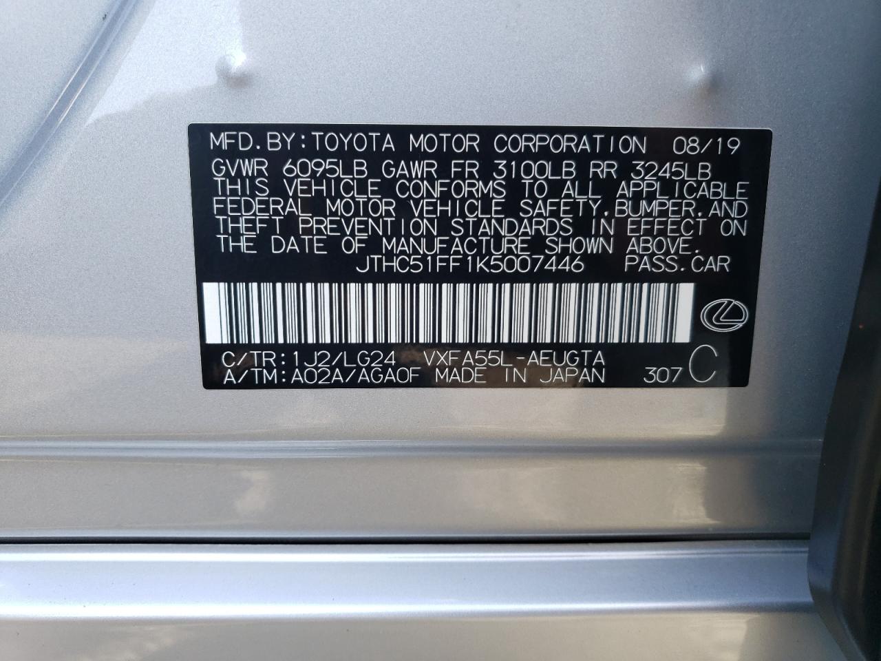 2019 Lexus LS VIN JTHC51FF1K5007446 Copart auction photo, front end damage thumbnail 12