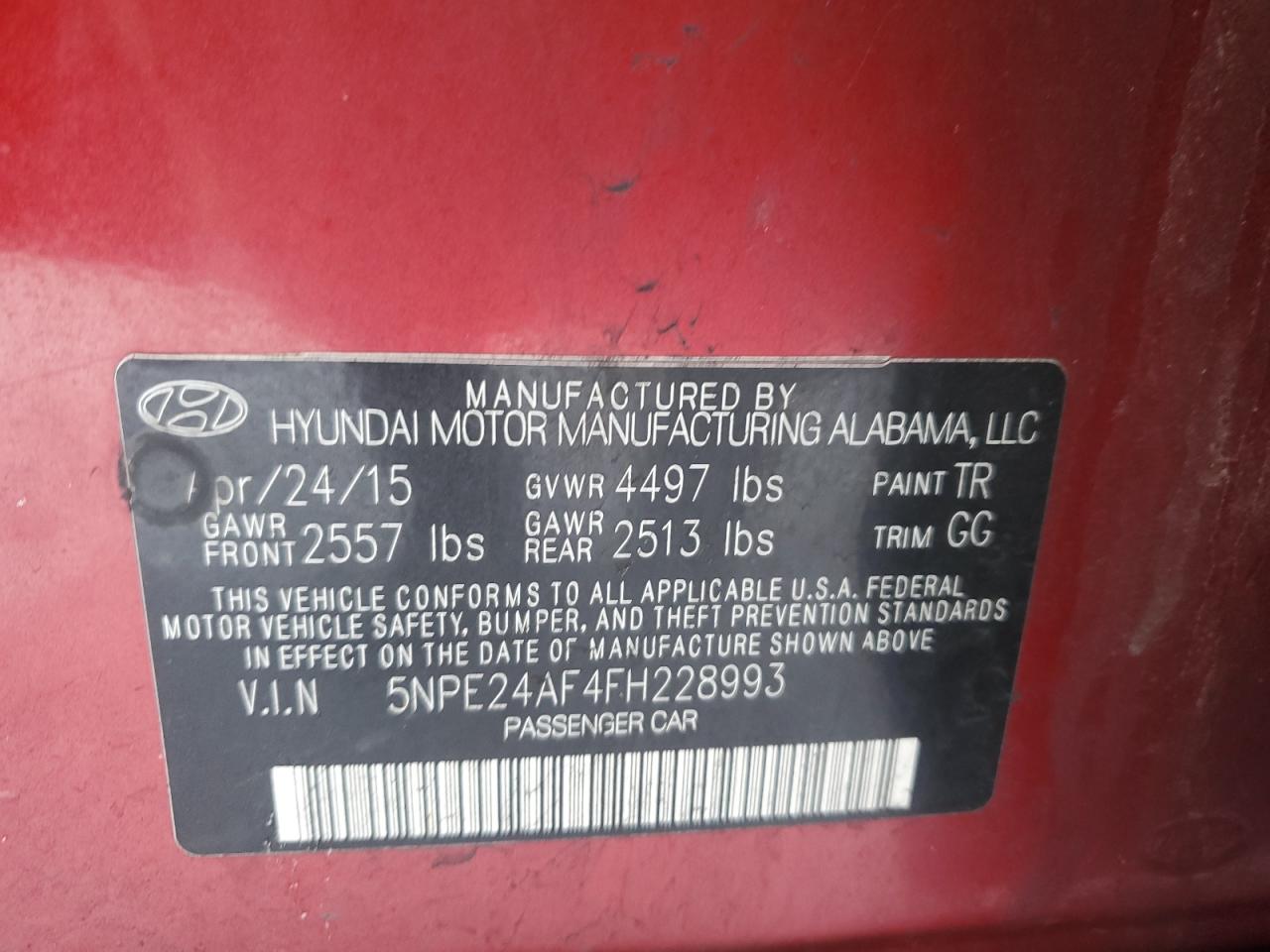 2015 Hyundai Sonata VIN 5NPE24AF4FH228993 Copart auction photo, front end damage thumbnail 12