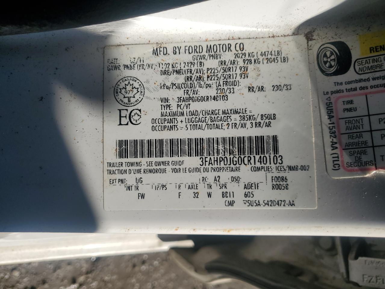 2012 Ford Fusion VIN 3FAHP0JG0CR140103 Copart auction photo, front end damage thumbnail 12