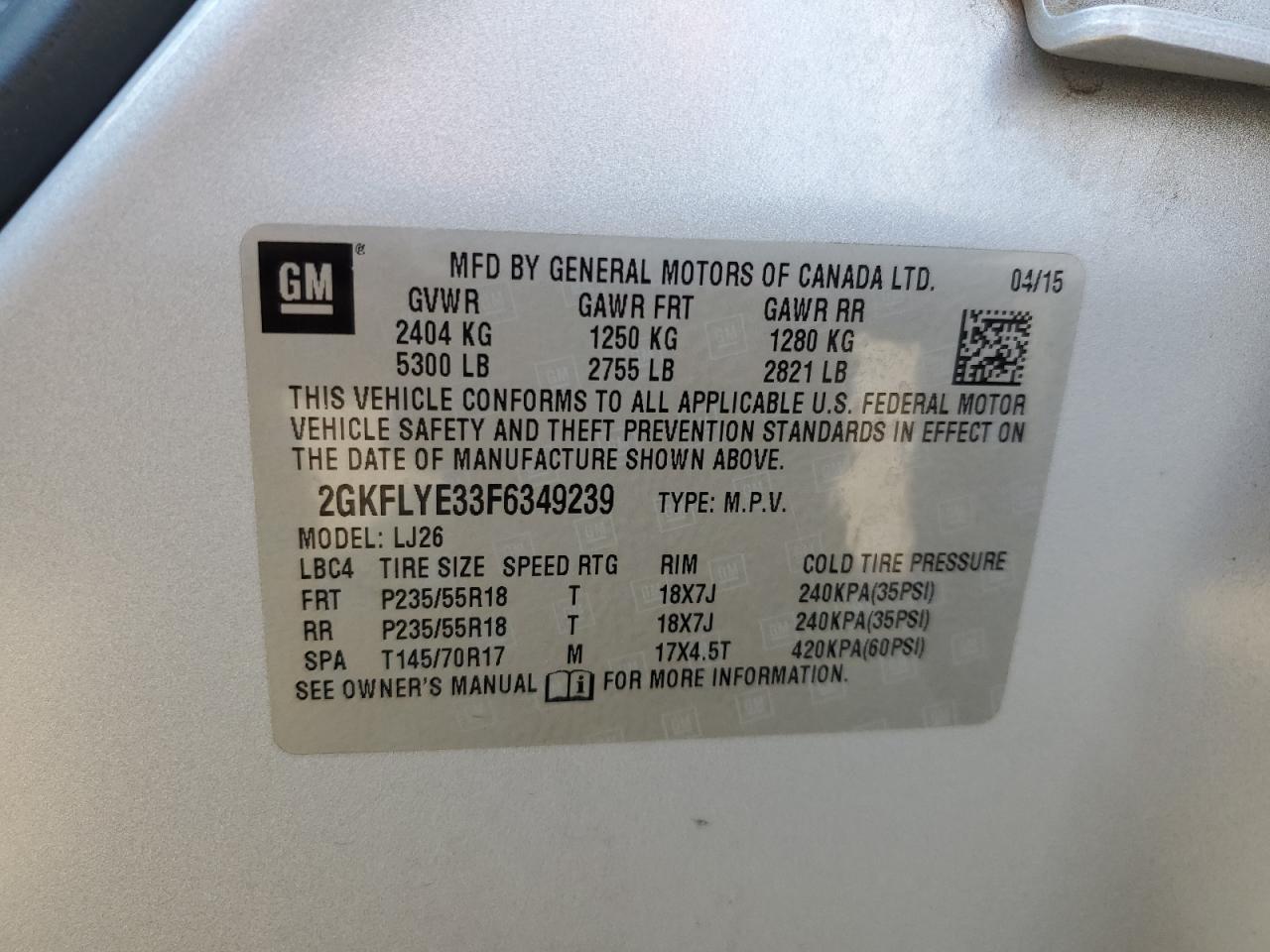 2015 GMC Terrain VIN 2GKFLYE33F6349239 Copart auction photo, front end damage thumbnail 14