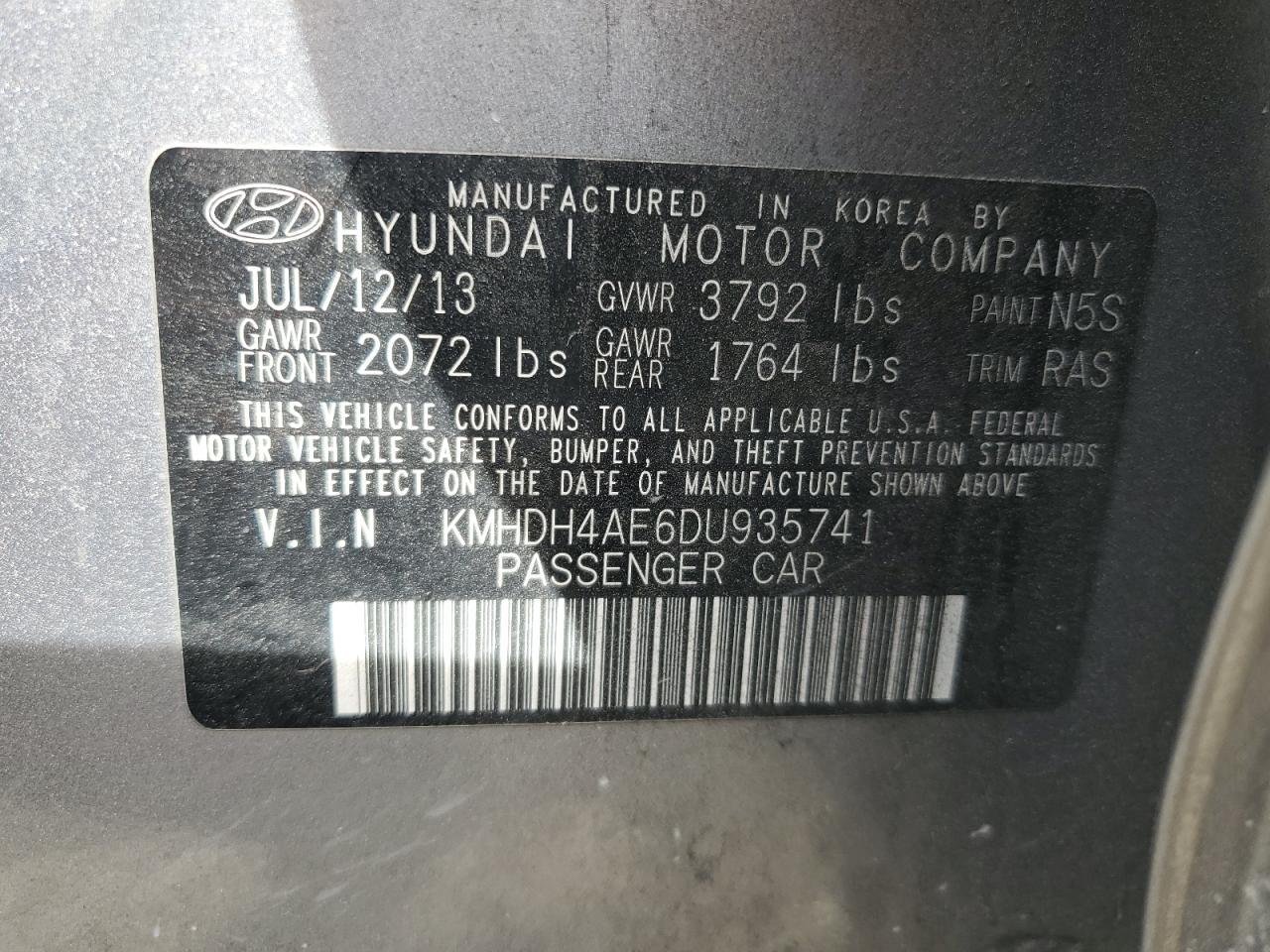 2013 Hyundai Elantra VIN KMHDH4AE6DU935741 Copart auction photo, front end / minor dent/scratches damage thumbnail 12