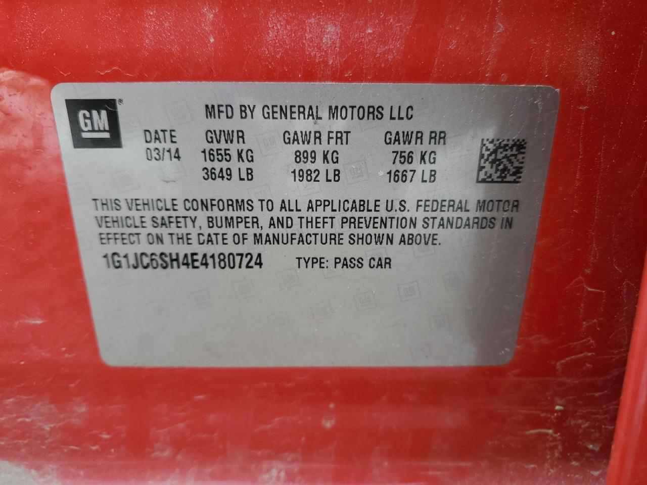 2014 Chevrolet Sonic VIN 1G1JC6SH4E4180724 Copart auction photo, front end damage thumbnail 12