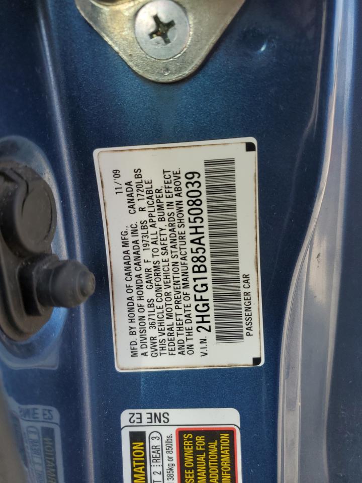 2010 Honda Civic VIN 2HGFG1B85AH508039 Copart auction photo, front end damage thumbnail 12