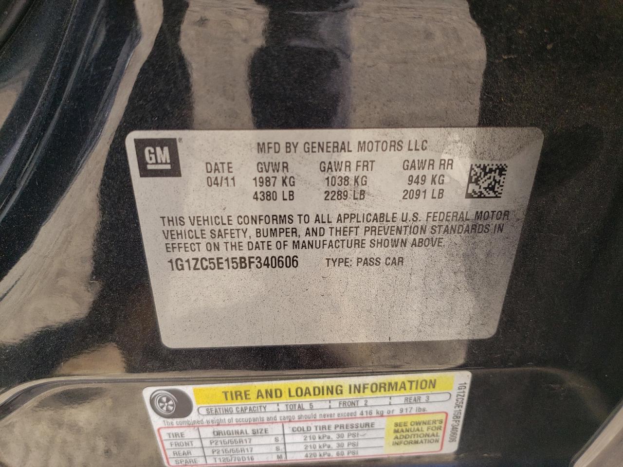 2011 Chevrolet Malibu VIN 1G1ZC5E15BF340606 Copart auction photo, front end / side damage thumbnail 12