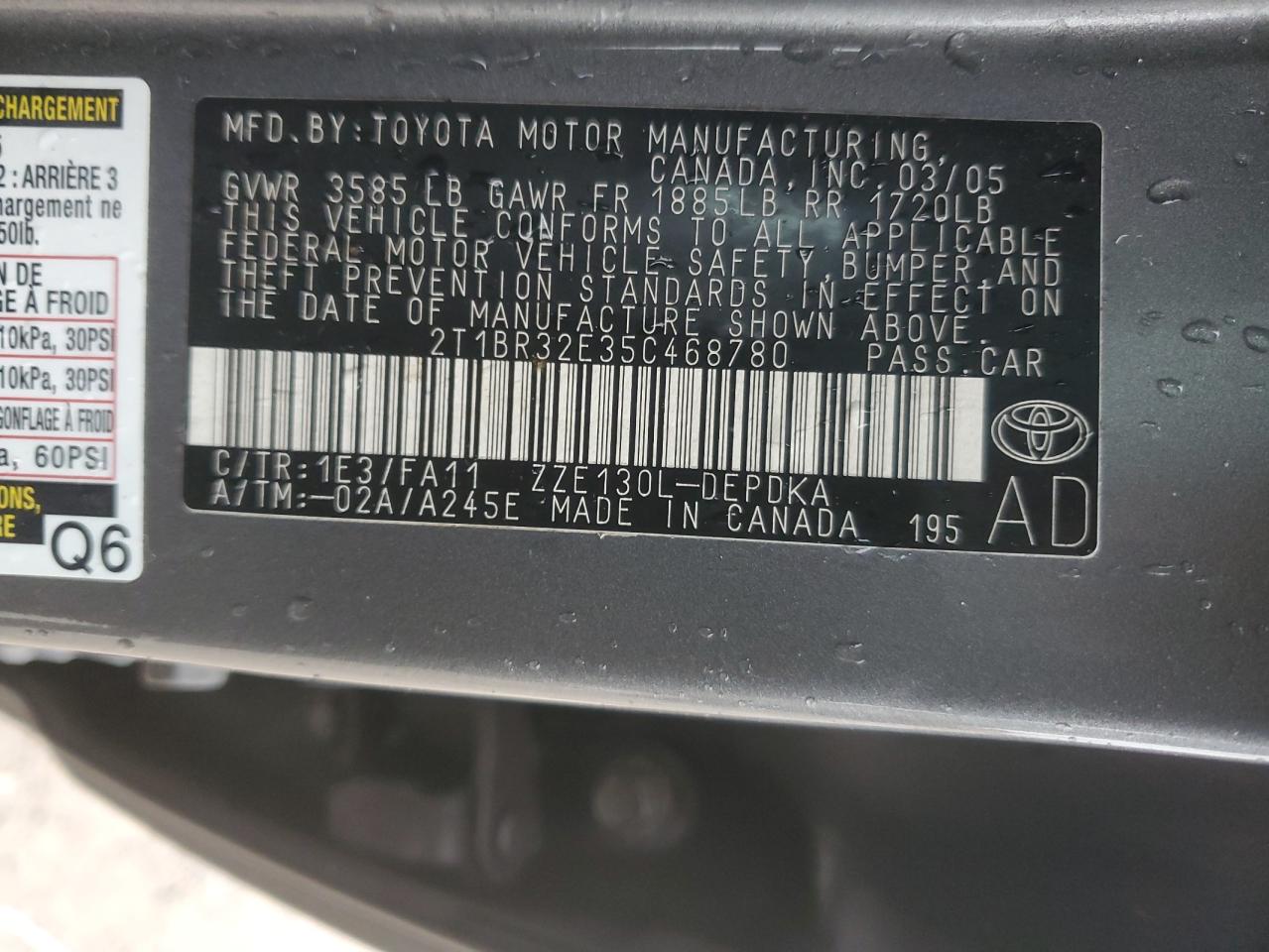 2005 Toyota Corolla VIN 2T1BR32E35C468780 Copart auction photo, side / minor dent/scratches damage thumbnail 15