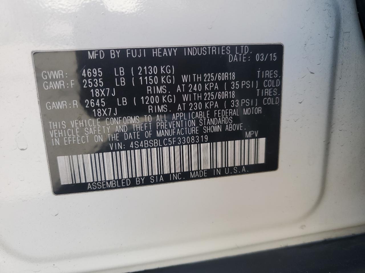 2015 Subaru Outback VIN 4S4BSBLC5F3308319 Copart auction photo, front end / side damage thumbnail 14