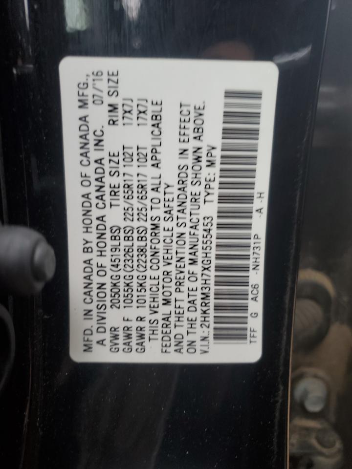 2016 Honda CR-V VIN 2HKRM3H7XGH555453 Copart auction photo, front end / rear end damage thumbnail 13