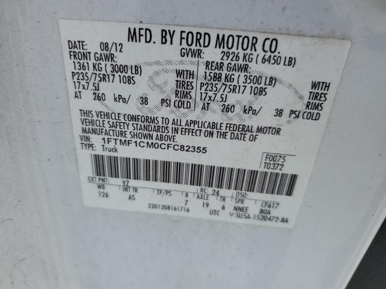 2012 Ford F-150 VIN 1FTMF1CM0CFC82355 Copart auction photo, front end damage thumbnail 12