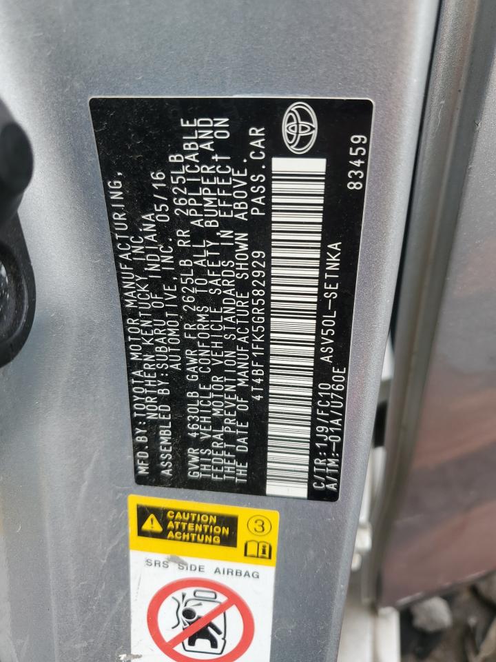 2016 Toyota Camry VIN 4T4BF1FK5GR582929 Copart auction photo, front end / undercarriage damage thumbnail 12