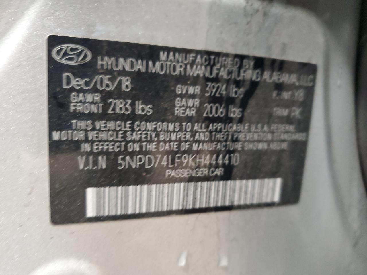 2019 Hyundai Elantra VIN 5NPD74LF9KH444410 Copart auction photo, front end damage thumbnail 12