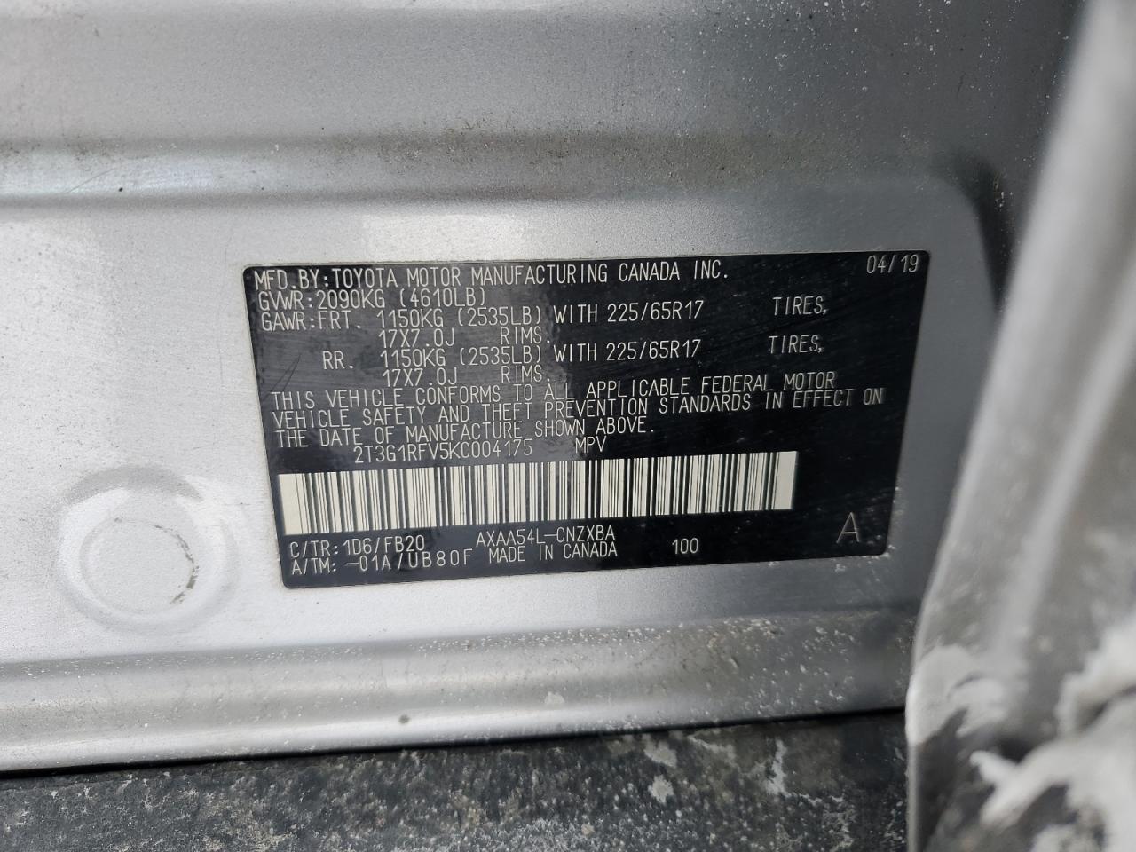 2019 Toyota RAV 4 VIN 2T3G1RFV5KC004175 Copart auction photo, front end damage thumbnail 15